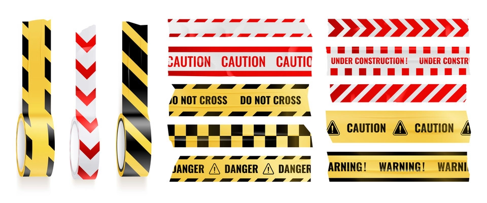 Sticky caution adhesive tapes realistic icon set with warning caution danger and do not cross descriptions vector illustration