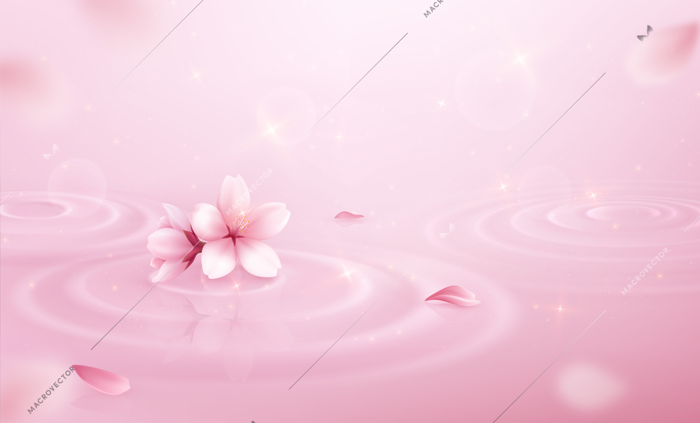 Water circles petals background realistic pink composition with shine and sakura flowers vector illustration