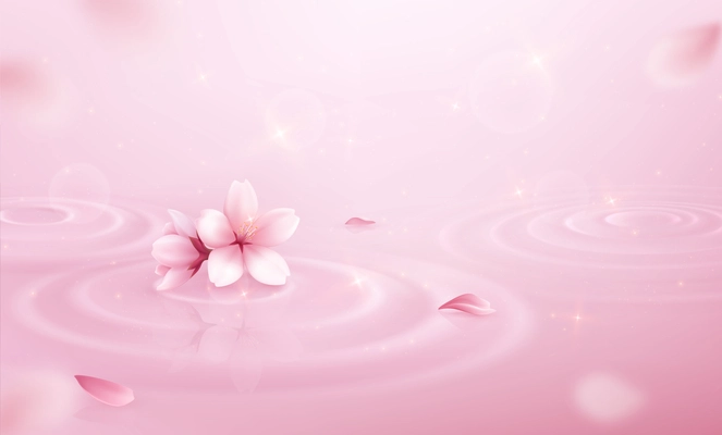 Water circles petals background realistic pink composition with shine and sakura flowers vector illustration