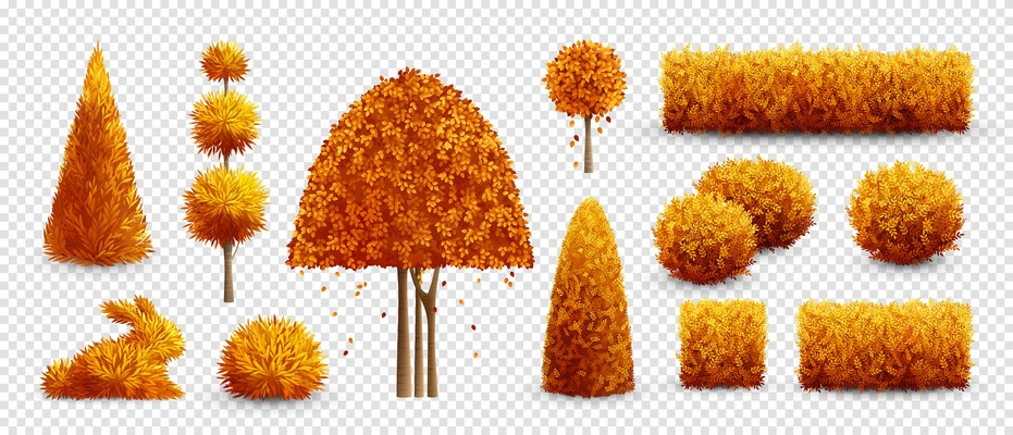 Autumn decorative garden bushes icon set with orange trees shrubs and bushes vector illustration