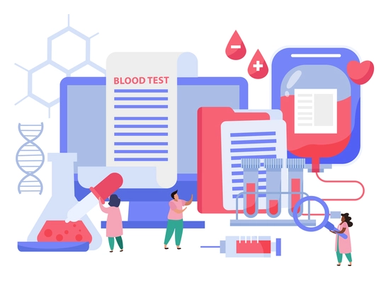 Blood donation composition with blood test symbols flat vector illustration