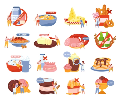 Lactose and gluten intolerance icons set with food symbols flat isolated vector illustration