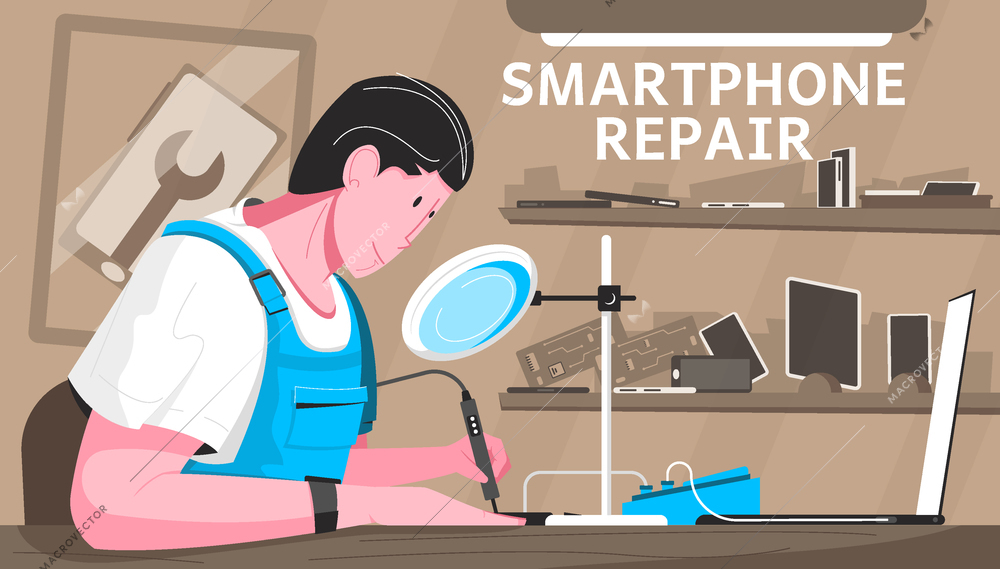 Smartphone repair flat composition with workshop and master works with a soldering iron vector illustration