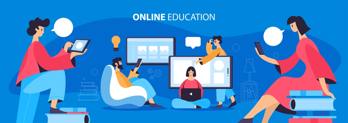 Online education flat composition banner with students tutor live chat classes from mobile devices e-books vector illustration