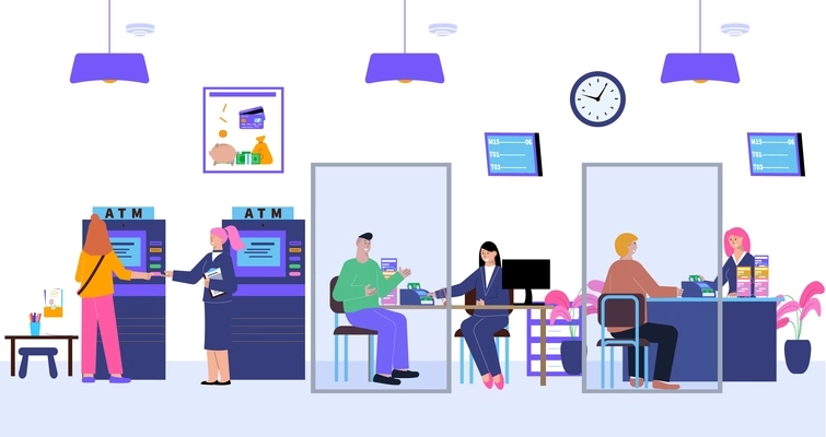 Bank office cash desk bank flat composition with clients receive financial services vector illustration