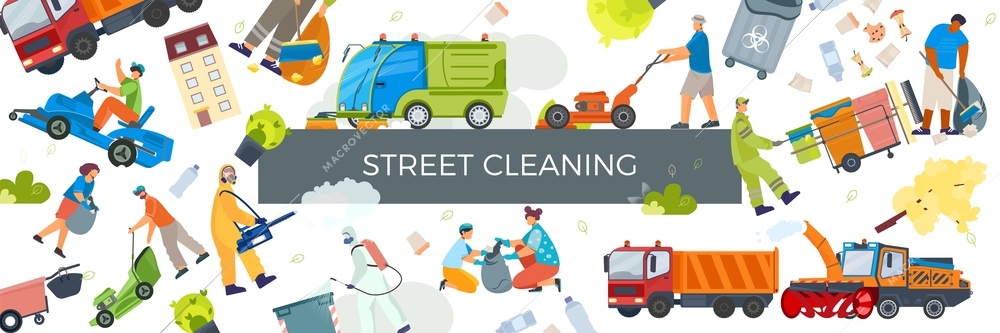 Street cleaning pattern composition with flat images of clearing machines vehicles and human characters collecting garbage vector illustration