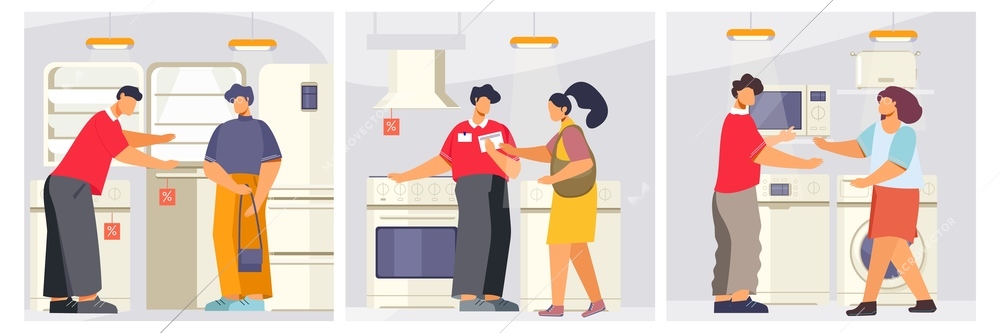 Appliance store set of flat square compositions with people in domestic appliances store with shop consultants vector illustration