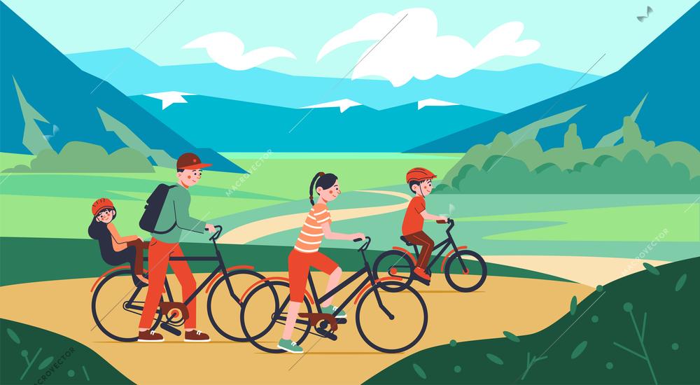 Family sport bicycle walk composition with outdoor landscape sky and mountains with family members riding bikes vector illustration