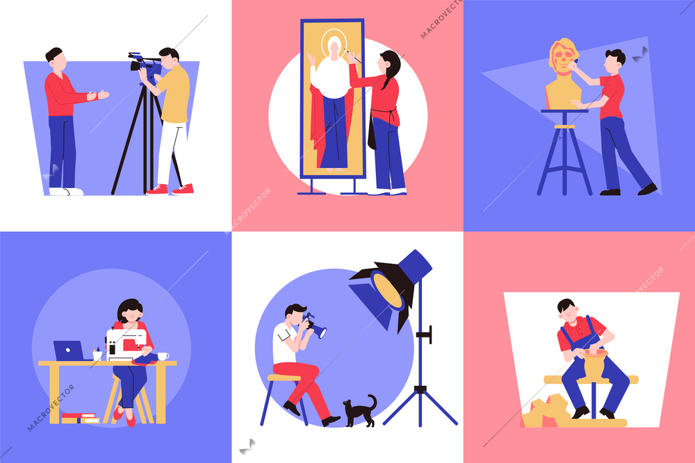 Artist creative professions design concept with square compositions with human characters of creators doing their work vector illustration