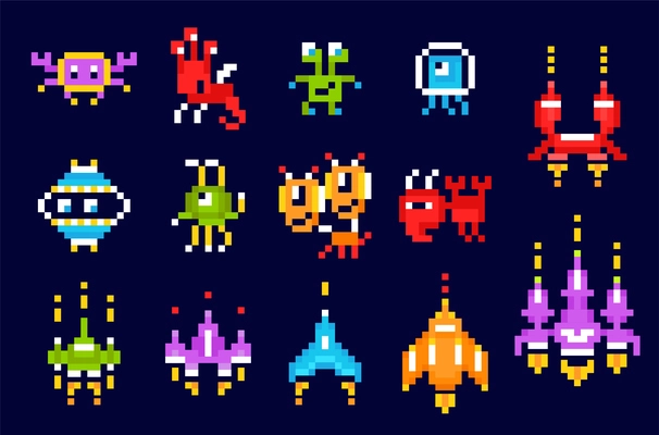 Arcade game pixel art set of isolated icons and images of 8bit style spacecrafts and monsters vector illustration