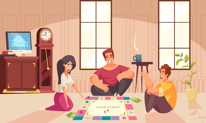 Board games money composition two men and one woman play on the floor in the room vector illustration