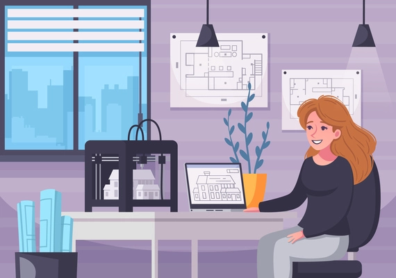 Architect cartoon composition with indoor interior scenery of female architects workplace with project schemes and laptop vector illustration