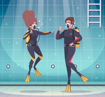 Diving snorkeling cartoon composition with human characters of divers under water in pool with breathing apparatus vector illustration