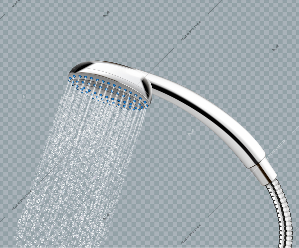 Isolated shower head with running water realistic object on transparent background vector illustration