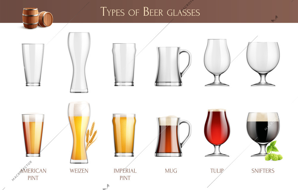 Beer glasses realistic infographics with various types of empty and full beer glasses with text captions vector illustration