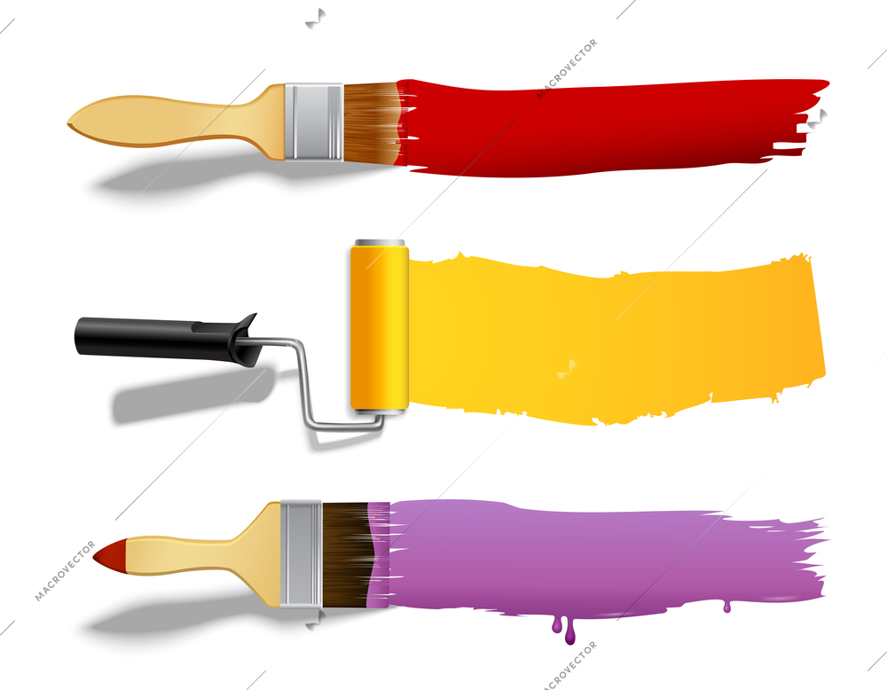 Paint brushes and rollers color banners set isolated vector illustration