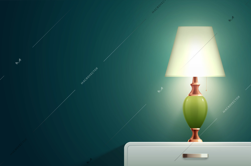 House lighting lamp realistic composition with solid blue wall and bedside table with small designer lamp vector illustration