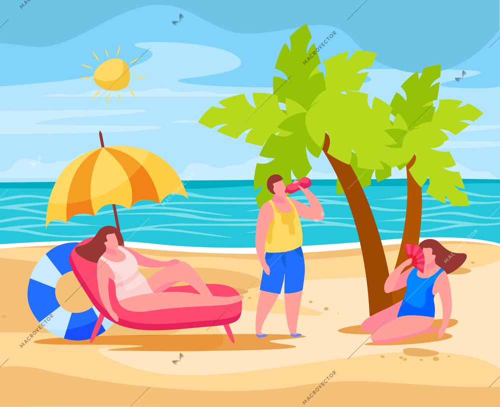 People on beach preventing summertime overheating  heatstroke sitting under umbrella drinking water using chinese fan vector illustration