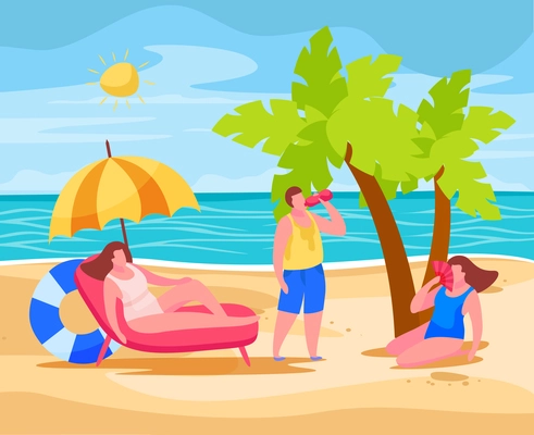 People on beach preventing summertime overheating  heatstroke sitting under umbrella drinking water using chinese fan vector illustration