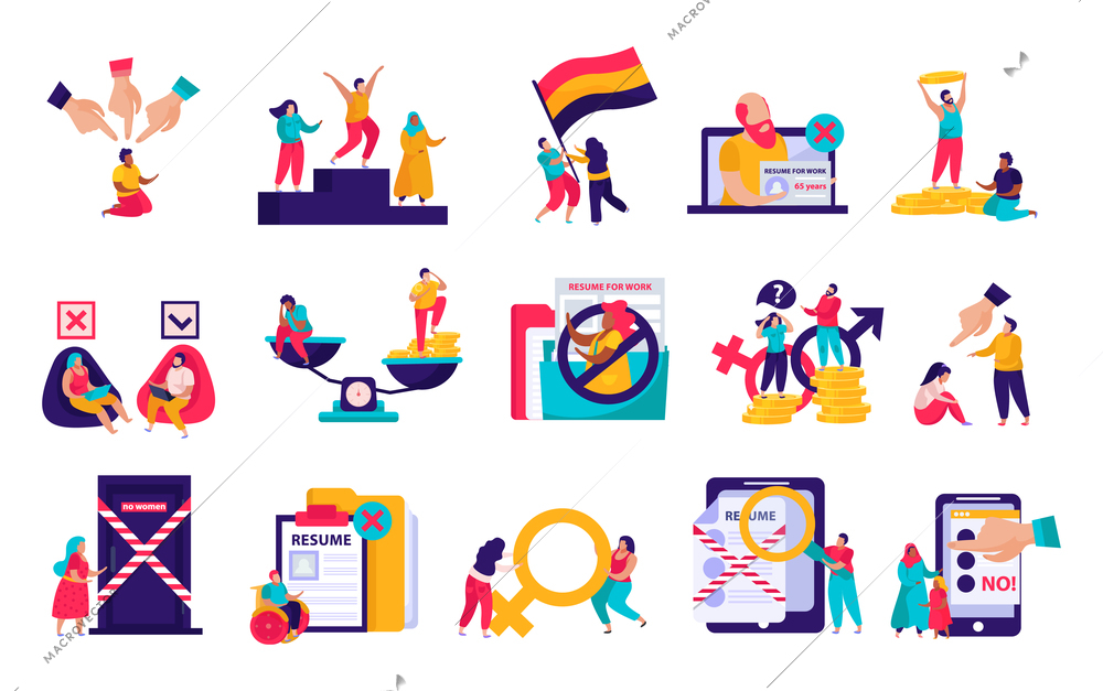 Discrimination flat icons recolor set with gender nationality pay gap racism age religious beliefs unemployment vector illustration