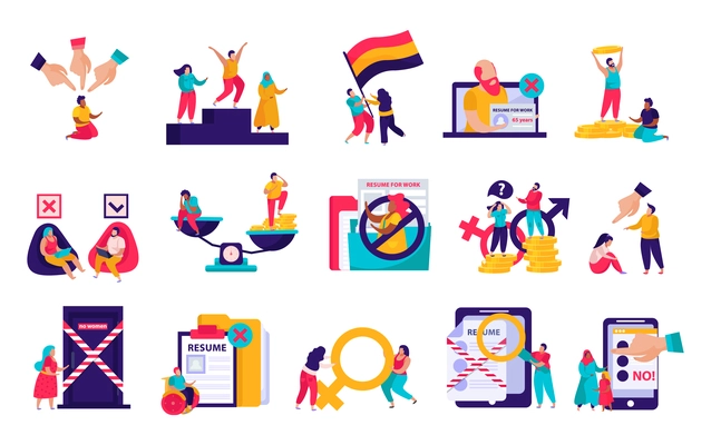 Discrimination flat icons recolor set with gender nationality pay gap racism age religious beliefs unemployment vector illustration