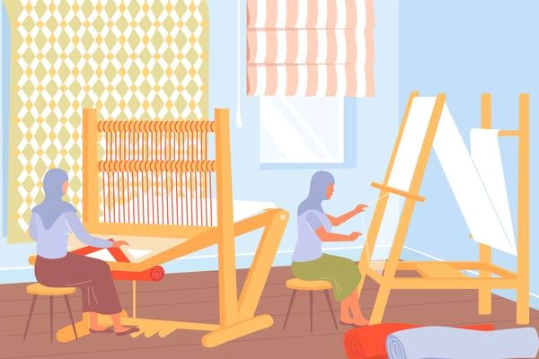 Carpet production process with women working at weaving looms flat vector illustration