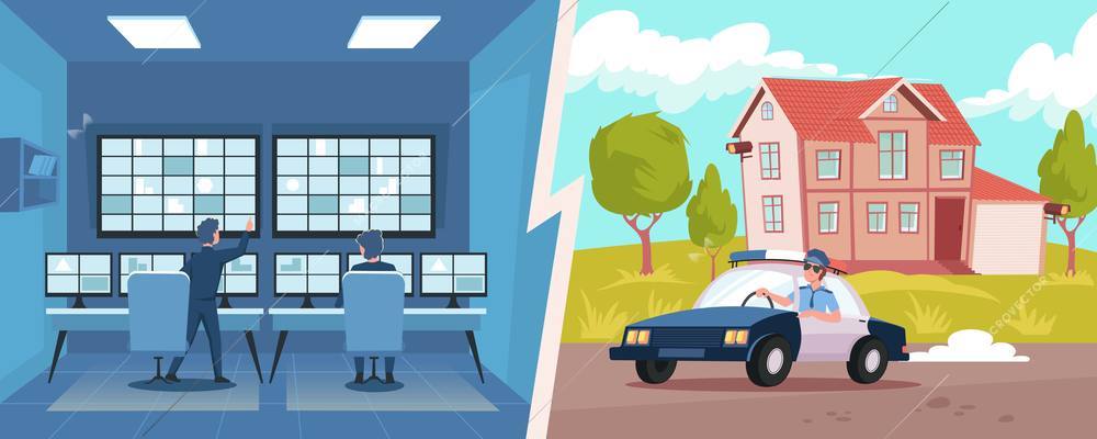 Home security system signaling and police officer checking house with cameras flat isolated vector illustration