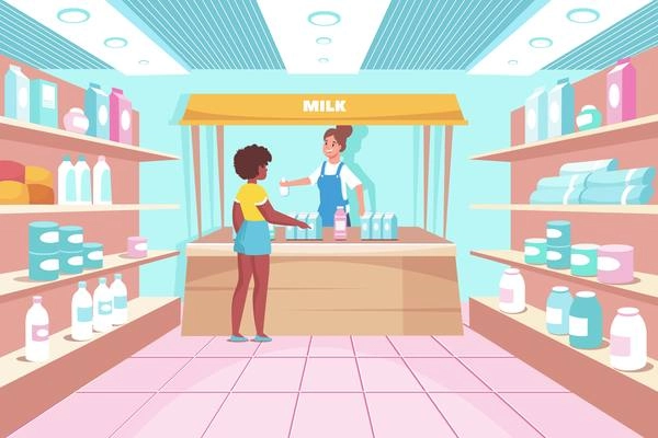 Dairy shop flat composition with indoor view of store with milk products and counter with people vector illustration