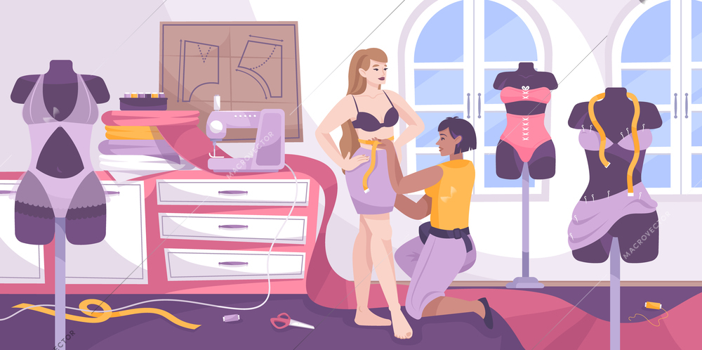 Tailoring underwear flat composition with seamstress measures girl to find the right size vector illustration