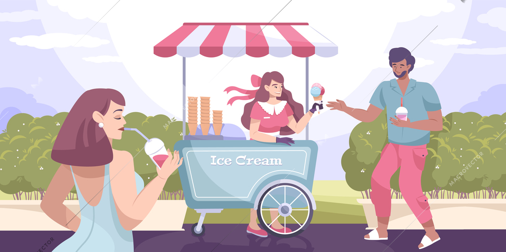 Ice cream street flat composition kiosk in park and guy buys ice cream vector illustration