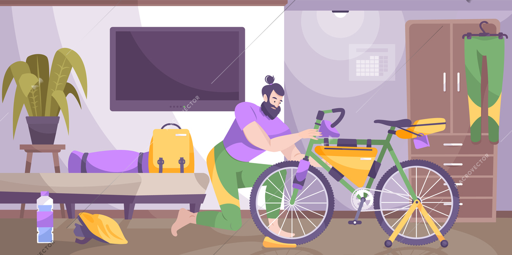 Bike tourism equipment flat composition man packing things on a bicycle at home vector illustration