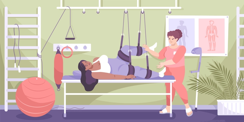 Flat colored trauma rehabilitation composition woman is on physiotherapy with leg injury vector illustration