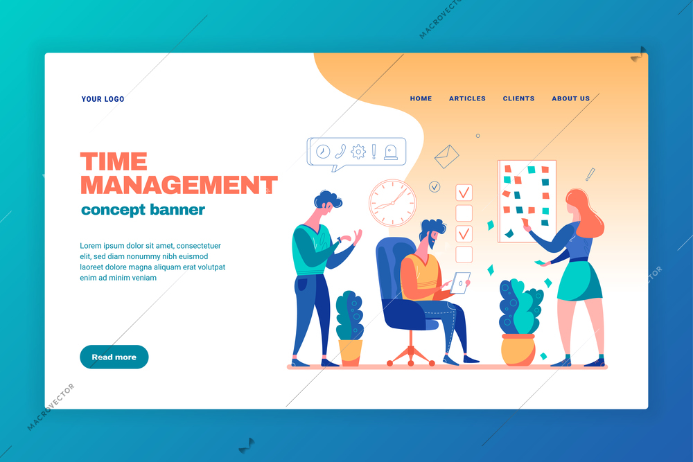 Effective time management concept web page banner with task planning working under pressure projects  tracking vector illustration