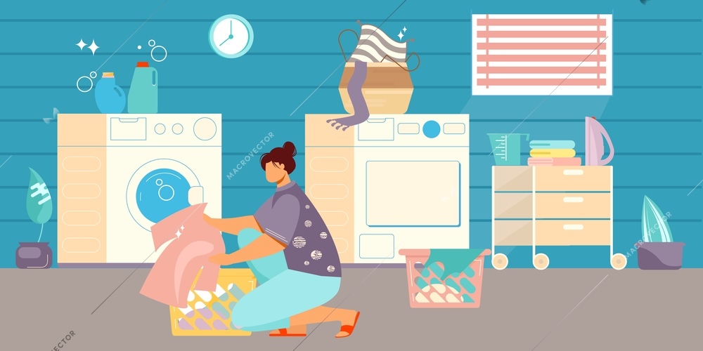 Laundry home flat composition with domestic bathroom interior with washing machine and female character with clothes vector illustration