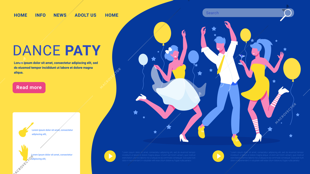 Dance party web page design with youth happily skipping amidst floating balloons blue yellow background vector illustration