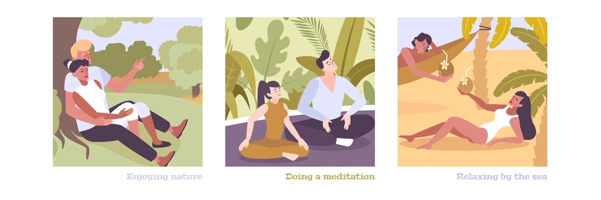 Relax flat illustrations with people enjoying nature doing meditation relaxing by sea vector illustration