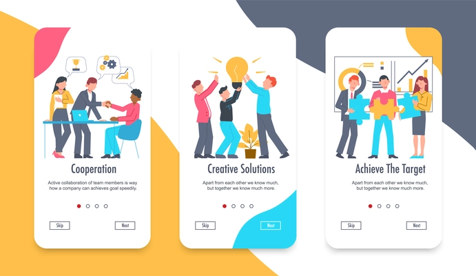 Teamwork set of three vertical banners with page switch buttons human characters thought bubbles and text vector illustration