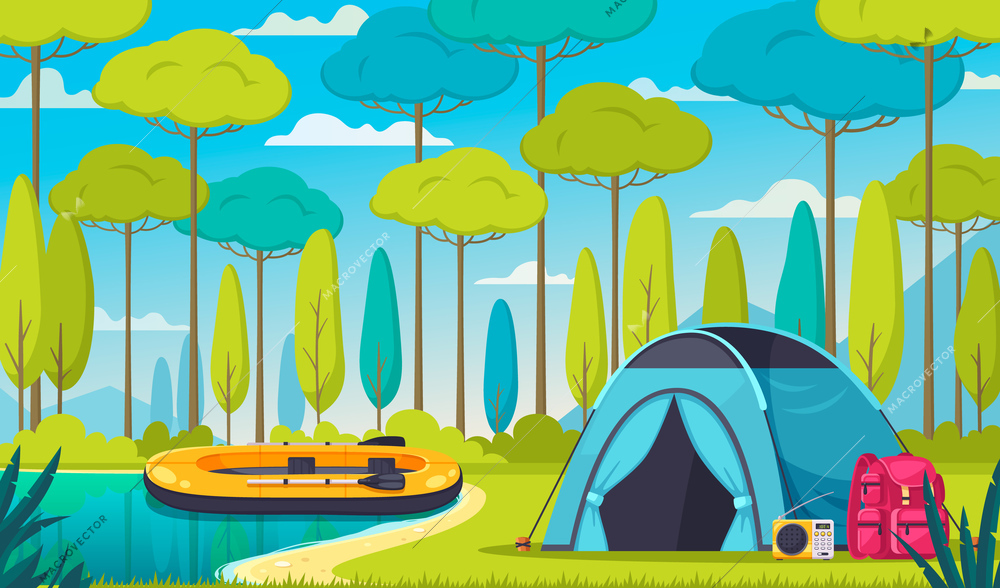 Camping cartoon composition with tent boat radio backpack in forest vector illustration