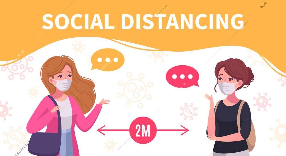 Social distancing cartoon infographic poster with two women communicating staying two metres away from each other vector illustration