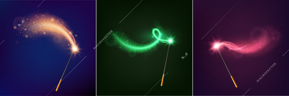 Magic wand realistic design concept consisting of three multicolored luminous wands on night sky backgrounds vector illustration