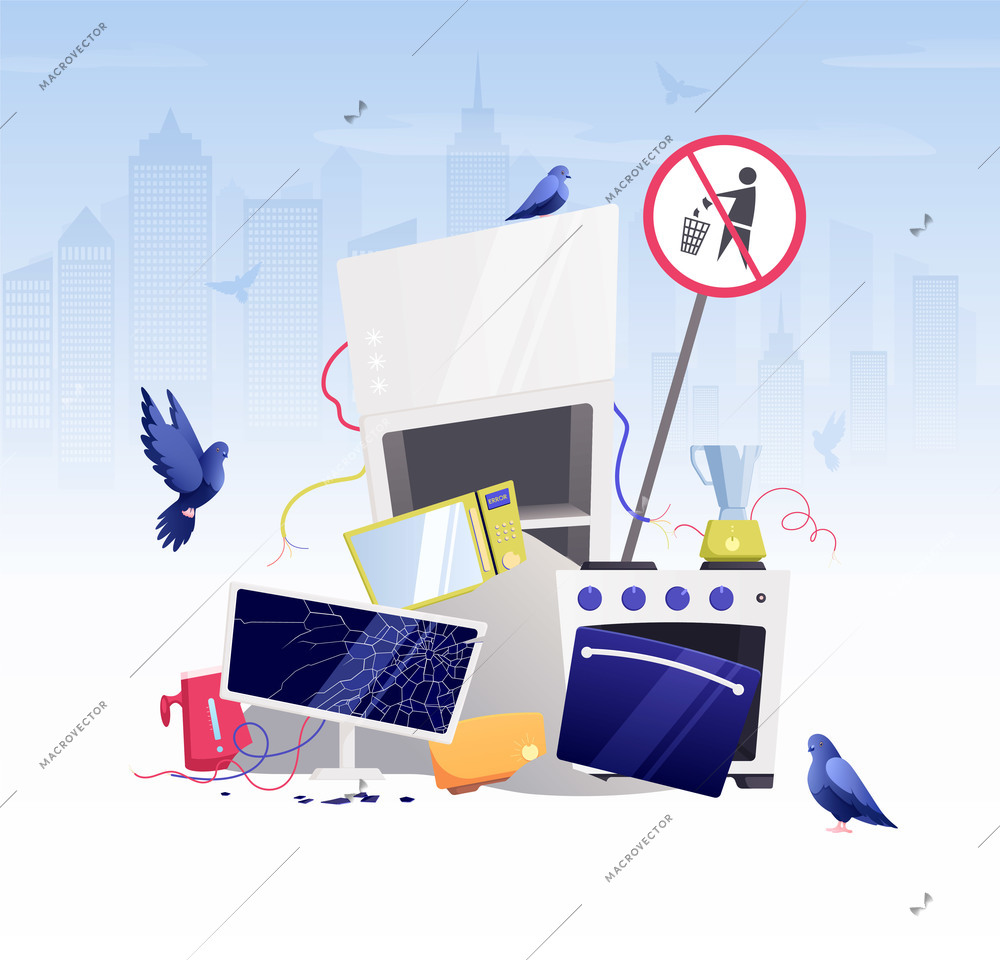 Broken household appliances gadgets waste flat composition with garbage mountain of broken things vector illustration