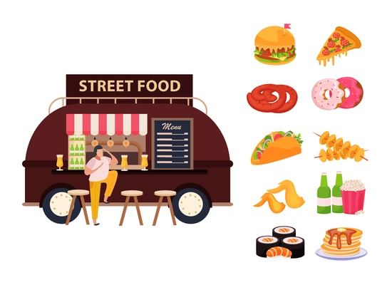 Street food concept with food and drink symbols flat vector illustration