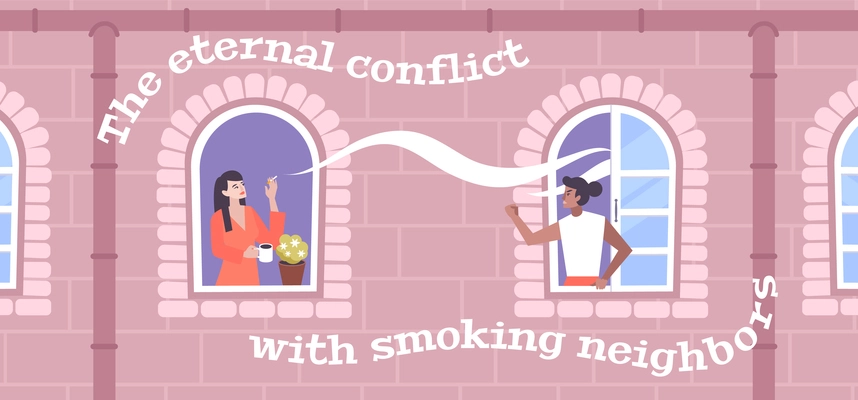 Neighbors conflict background with smoking cigarettes symbols flat vector illustration