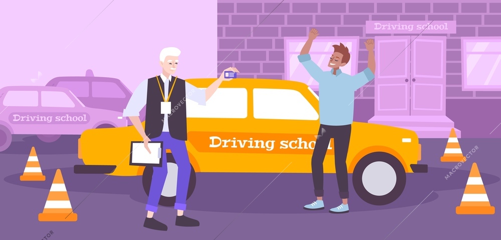 Driving school composition with exam success symbols flat vector illustration