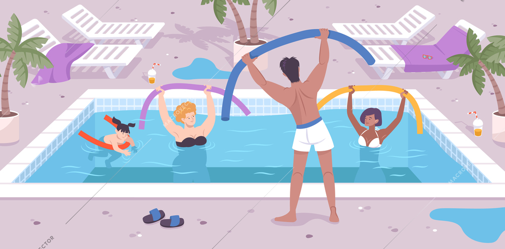 Hotel activities background with swimming pool animation symbols flat vector illustration