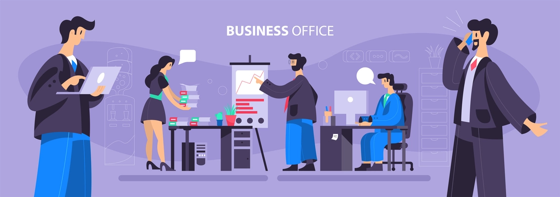 Business office flat composition with secretary bringing documents folders manager on phone whiteboard presentation background vector illustration