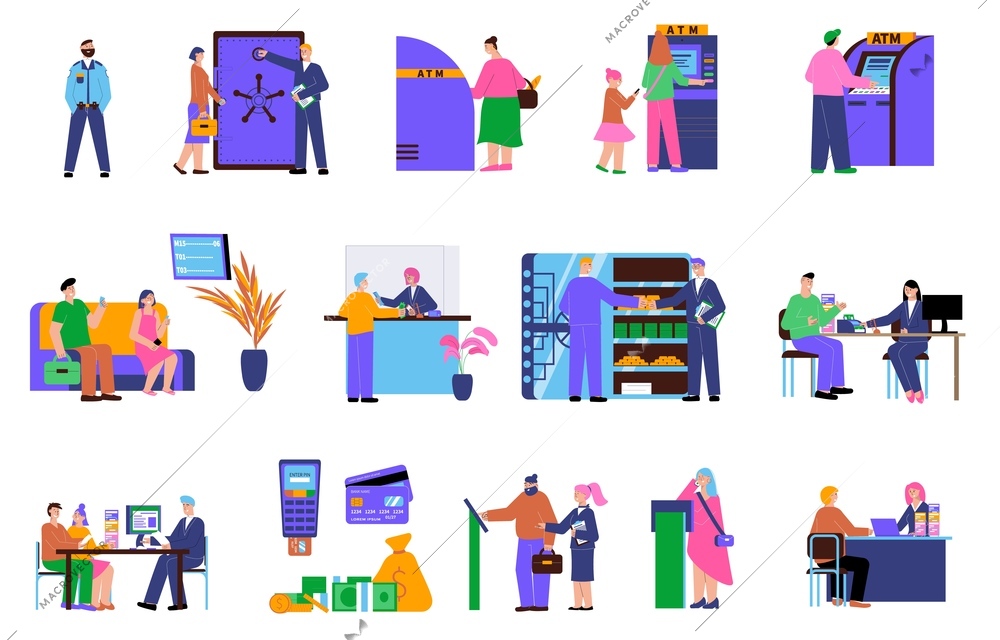 Bank flat icon set with customers at the ATM safe deposit box receive a loan money from deposit and communicate with manager vector illustration