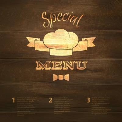 Restaurant cafe menu with chef hat label on wooden background vector illustration