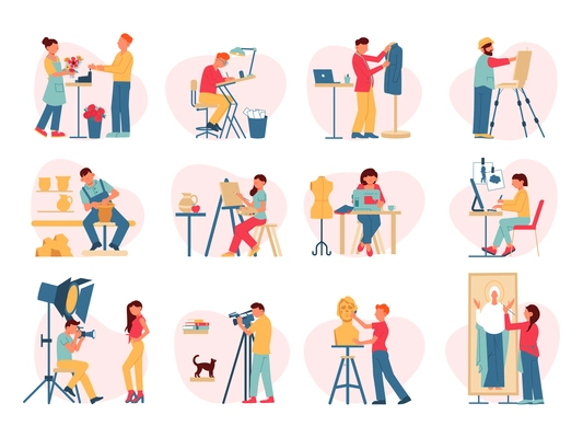 Artist creative professions set with isolated compositions and human characters of working creators on blank background vector illustration