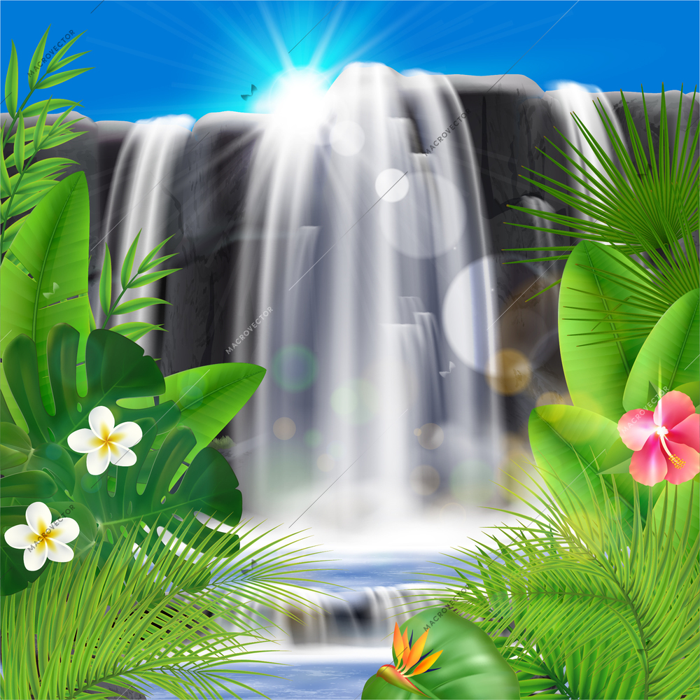 Realistic tropical waterfall background composition with exotic outdoor scenery leaves with flowers sun and clear sky vector illustration